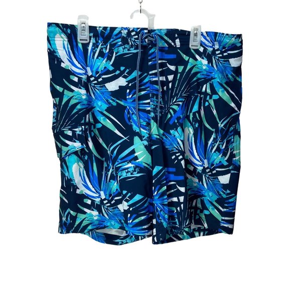 George Mens Swim Quick Dry UPF 50 At The Knee Trunks Blue Palm Leaves New Pocket - Picture 1 of 6